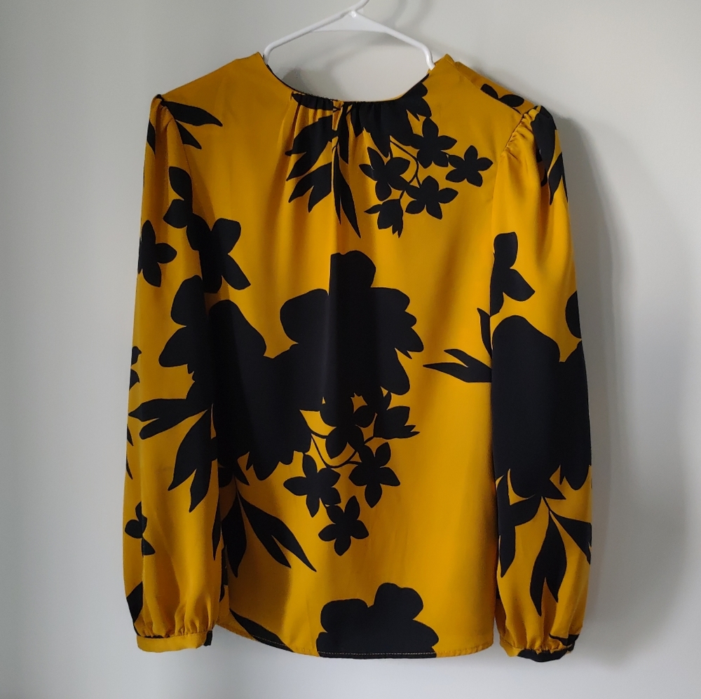 Who What Wear mustard yellow with dark navy flowers blouse, long sleeve - XS